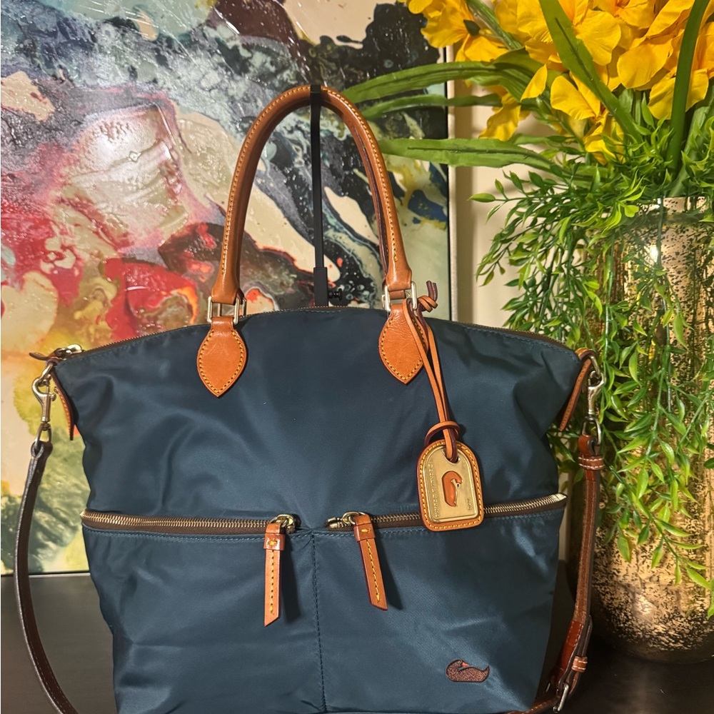 Dooney & Bourke Dark Blue Tote with Brown Leather Accents